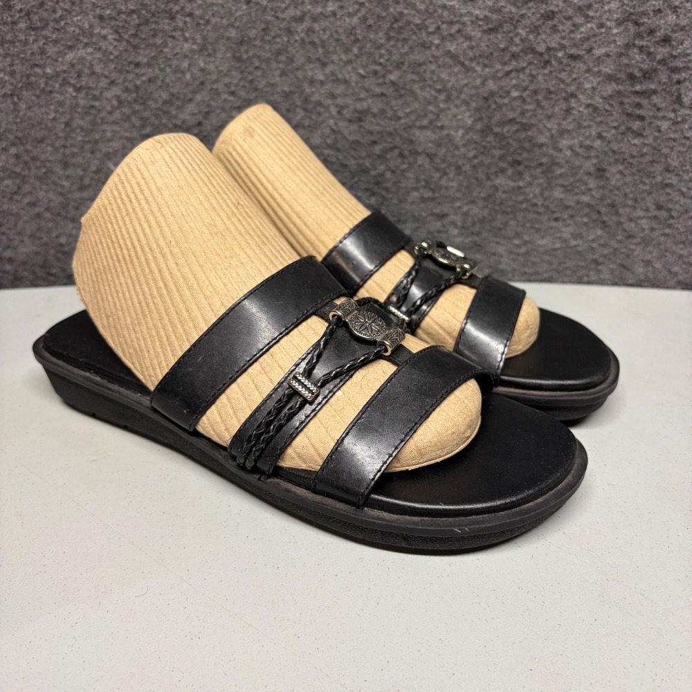 Baretraps Bernie Black Leather Slide Sandals Silver Medallion Women 8.5 M
